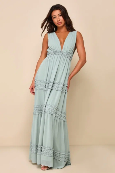 Lulus Adoring Effect Sage Brush Chiffon Tiered Ruffled Maxi Dress In Green