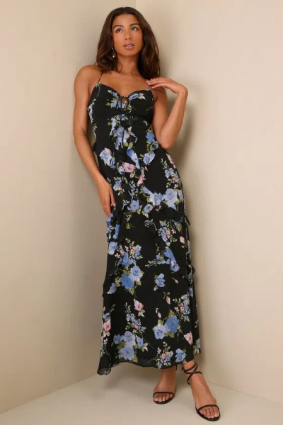 Lulus Adoring Essence Black Floral Ruffled Lace-up Backless Maxi Dress