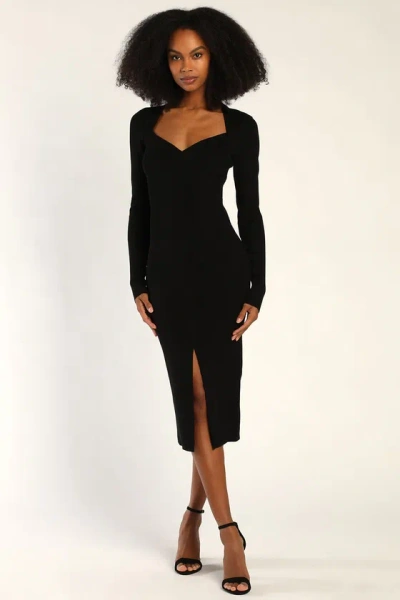 Lulus Adoring Me Black Ribbed Long Sleeve Midi Sweater Dress