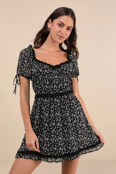 Lulus Adoring Moment Black Floral Lace Ruffled Puff Sleeve Mini Dress