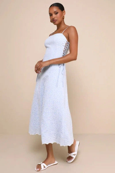 Lulus Adoring Pose Blue Embroidered Floral Lace-up Midi Dress