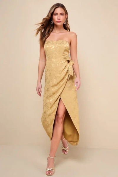 Lulus Adoring Praise Gold Satin Jacquard Strapless Bustier Midi Dress