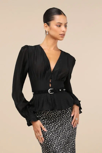 Lulus Advanced Style Black Pleated V-neck Long Sleeve Top
