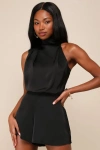 Lulus Advantageous Perfection Black Satin Asymmetrical Romper In Black