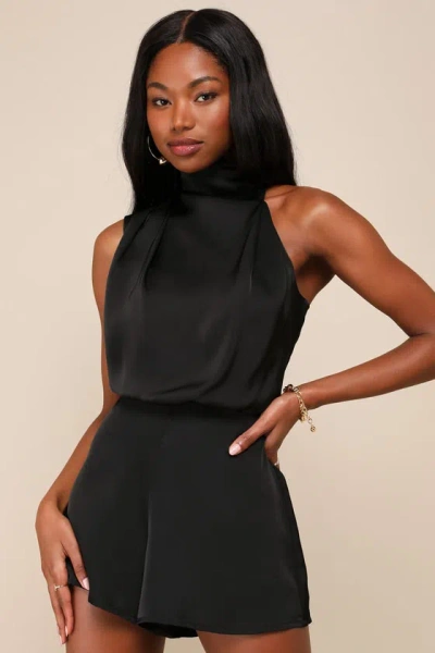 Lulus Advantageous Perfection Black Satin Asymmetrical Romper