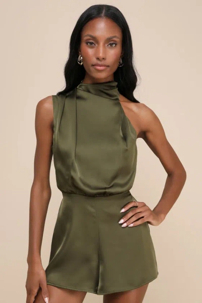 Lulus Advantageous Perfection Olive Green Satin Asymmetrical Romper