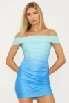 Lulus Aeliana Aqua Ombre Mesh Off-the-shoulder Ruched Mini Dress In Blue