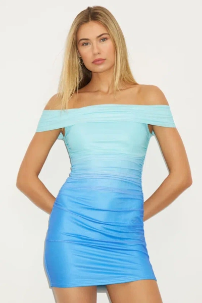 Lulus Aeliana Aqua Ombre Mesh Off-the-shoulder Ruched Mini Dress In Blue