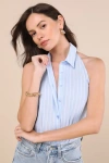 Lulus Aeres Blue Pinstriped Button-front Collared Halter Bodysuit In Blue