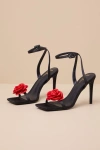 Lulus Aerianna Black And Red Satin Rosette Ankle Strap Sandals In Black