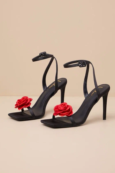 Lulus Aerianna Black And Red Satin Rosette Ankle Strap Sandals