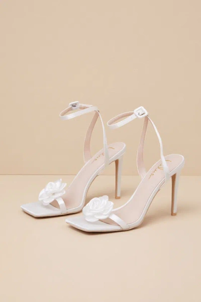 Lulus Aerianna White Satin Rosette Ankle Strap Sandals