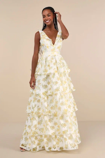 Lulus Aesthetic Aura Ivory And Yellow Floral Burnout Tiered Maxi Dress