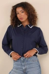 Lulus Aesthetic Charm Navy Blue Embroidered Collar Long Sleeve Top In Navy Blue