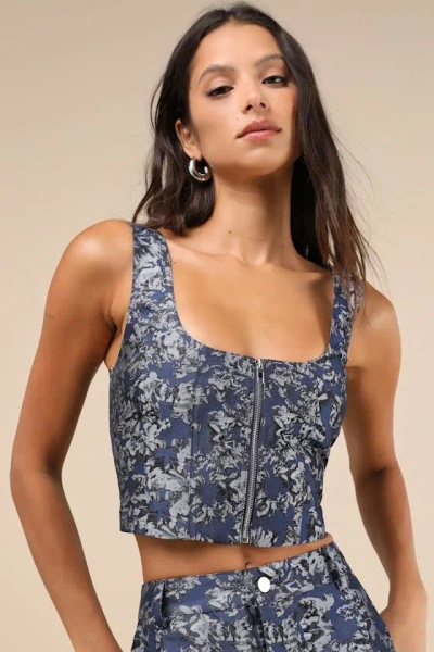 Lulus Aesthetic Confidence Navy Jacquard Sleeveless Top