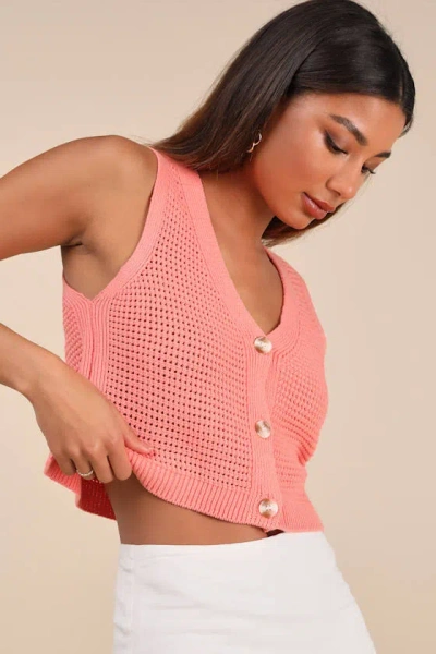 Lulus Aesthetic Ease Coral Pierced Knit Button-front Cropped Tank Top