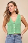 Lulus Aesthetic Ease Green Pierced Knit Button-front Cropped Tank Top In Green