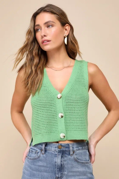 Lulus Aesthetic Ease Green Pierced Knit Button-front Cropped Tank Top