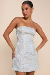 aesthetic pose slate blue and gold jacquard strapless mini dress Natalia Blue and Gold Watercolor Strapless Maxi Dress - S Size - Women's Dresses
