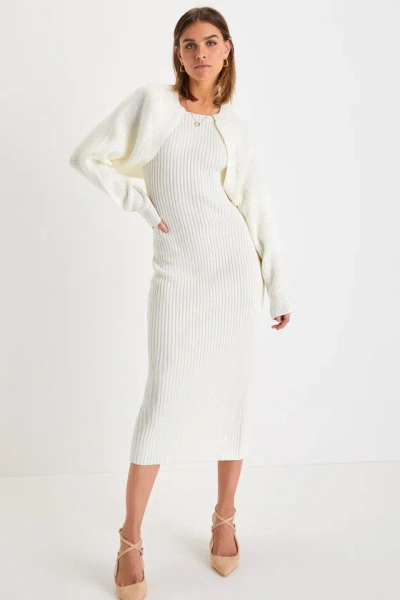 Lulus Aesthetic Season Ivory Ribbed Two-piece Dress & Cardigan Set
