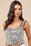 Lulus Aesthetically Chic Ivory And Black Tweed Sequin Cropped Tank Top In Black