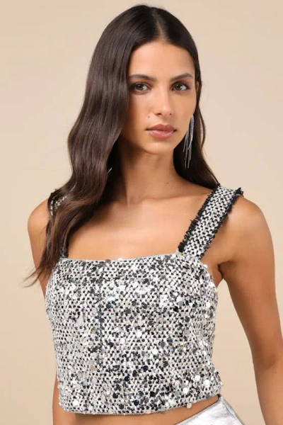 Lulus Aesthetically Chic Ivory And Black Tweed Sequin Cropped Tank Top