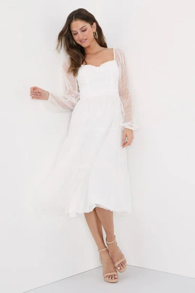 Lulus Affectionate Aura White Swiss Dot Tiered Bustier Midi Dress