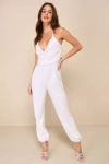 LULUS AFTER PARTY PERFECTION WHITE SEQUIN COWL BACKLESS JUMPSUIT