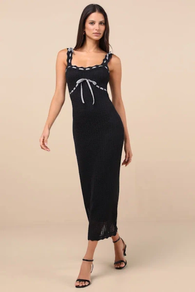 Lulus Agostina Black Knit Gingham Bow Midi Dress