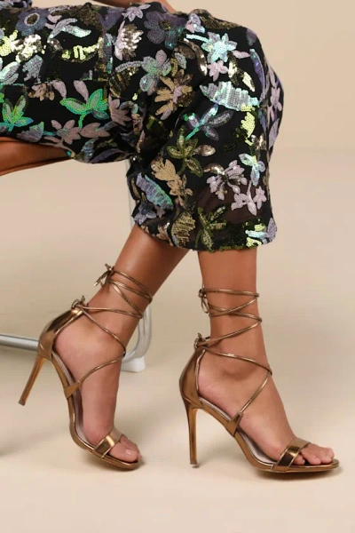 Lulus Aimee Bronze Metallic Lace-up Heels In Gold