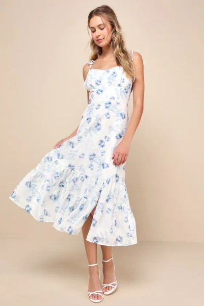 Lulus Airy Romance Ivory Floral Print Tiered Tie-strap Midi Dress