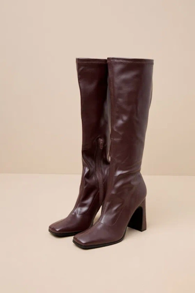 Lulus Albane Chocolate Square Toe Knee-high Boots In Brown