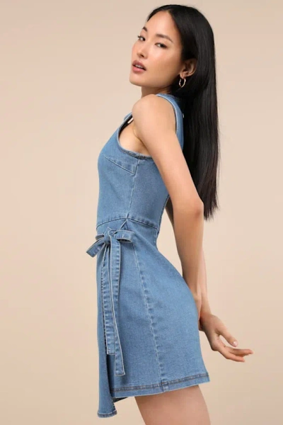 Lulus Albena Medium Wash Denim Sleeveless Mini Wrap Dress In Blue