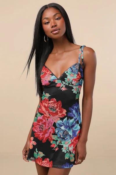 Lulus Aldara Black Floral Mesh Tie-strap Mini Dress