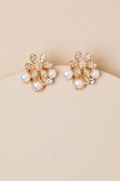 Lulus Aldea Gold Rhinestone Pearl Flower Earrings