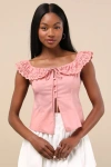 Lulus Alesana Peach Pink Eyelet Embroidered Button-front Top In Purple