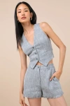 Lulus Alfonsa Light Blue Tweed Frayed High-rise Shorts In Light Blue