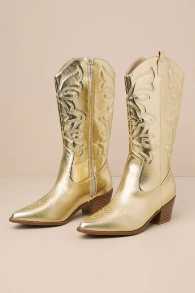 Lulus Ali Gold Metallic Pointed-toe Knee High Western Boots