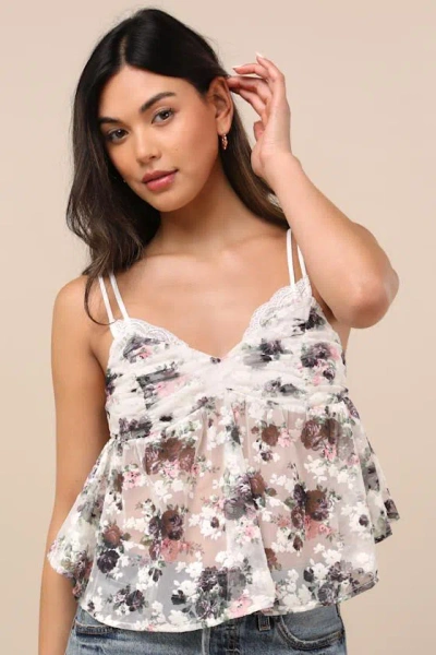 Lulus Alinor White Floral Sheer Babydoll Tank Top