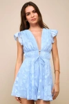 Lulus All About The Flowers Light Blue Burnout Floral Ruffled Romper In Light Blue