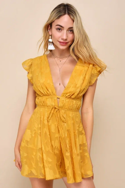 Lulus All About The Flowers Yellow Burnout Floral Ruffled Romper