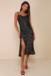 Lulus All About You Black Floral Jacquard Satin Midi Dress In Black