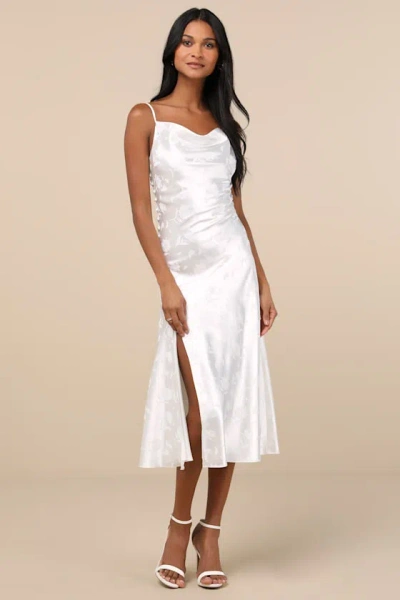 Lulus All About You White Floral Jacquard Satin Midi Dress