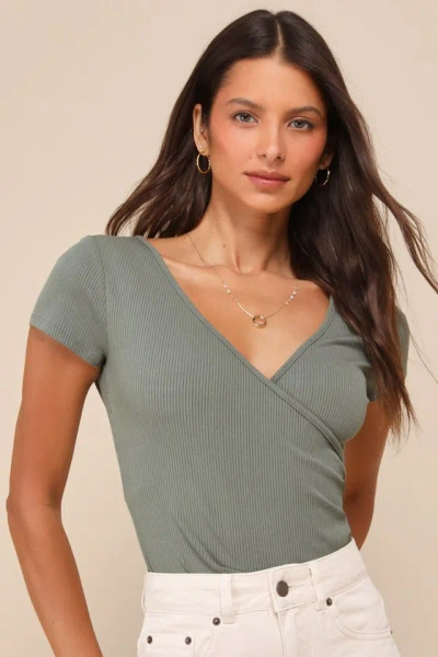 Lulus All Day Fave Sage Green Ribbed Surplice Short Sleeve Bodysuit