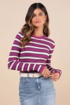 Lulus All The Hits Purple And Cream Striped Sweater In Purple
