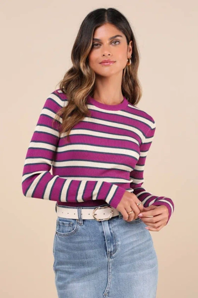 Lulus All The Hits Purple And Cream Striped Sweater