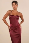 Lulus Alluring Duo Wine Satin Bustier Two-piece Midi Dress In Red