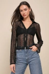 LULUS ALLURING EFFECT BLACK SHEER LACE COLLARED BUTTON-UP TOP
