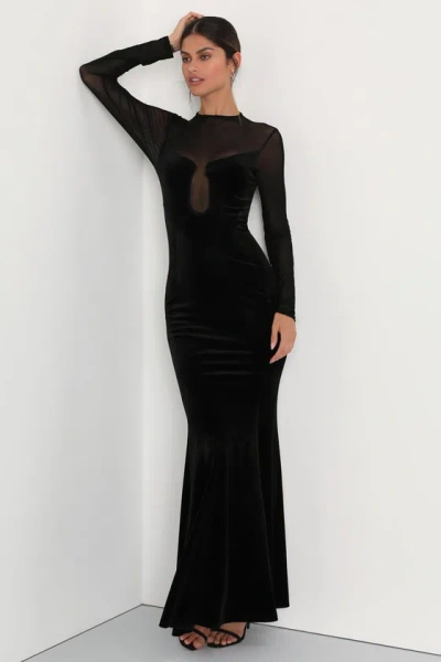 Lulus Alluring Fixation Black Velvet Mesh Long Sleeve Maxi Dress