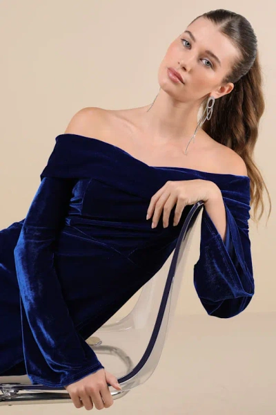 Lulus Alluring Glam Dark Blue Velvet Off-the-shoulder Mini Dress